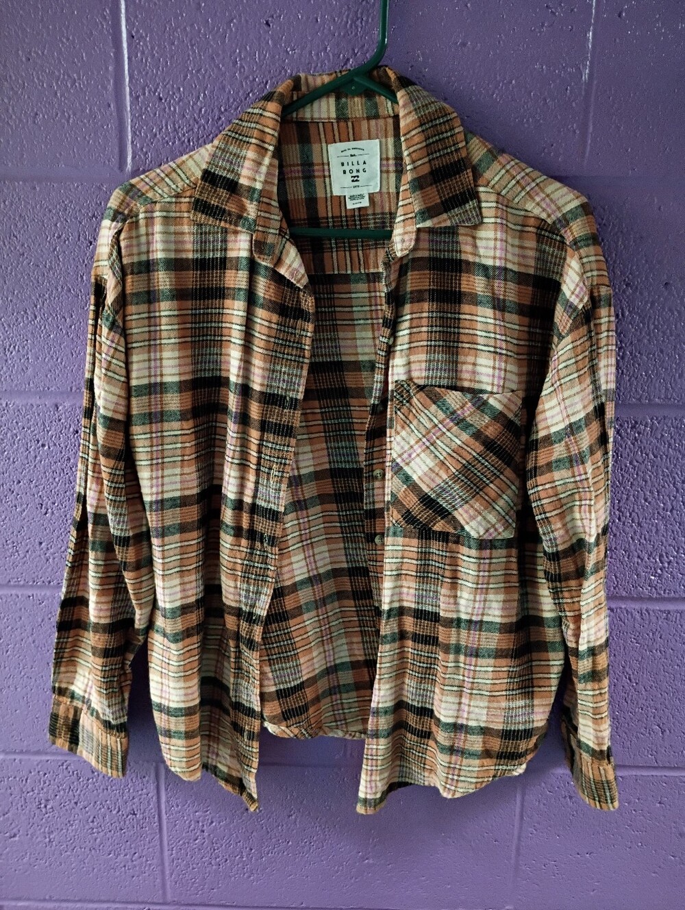 Billabong Pink and Green Plaid Flannel Shirt